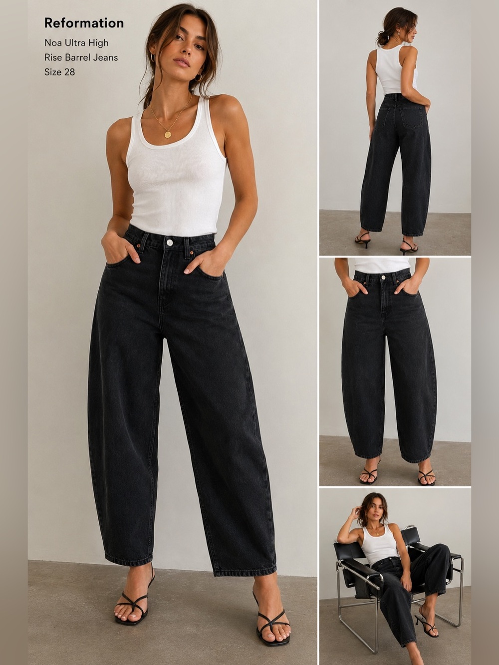 Reformation Noa Ultra High Rise Barrel Jeans Black Organic Cotton Size 28